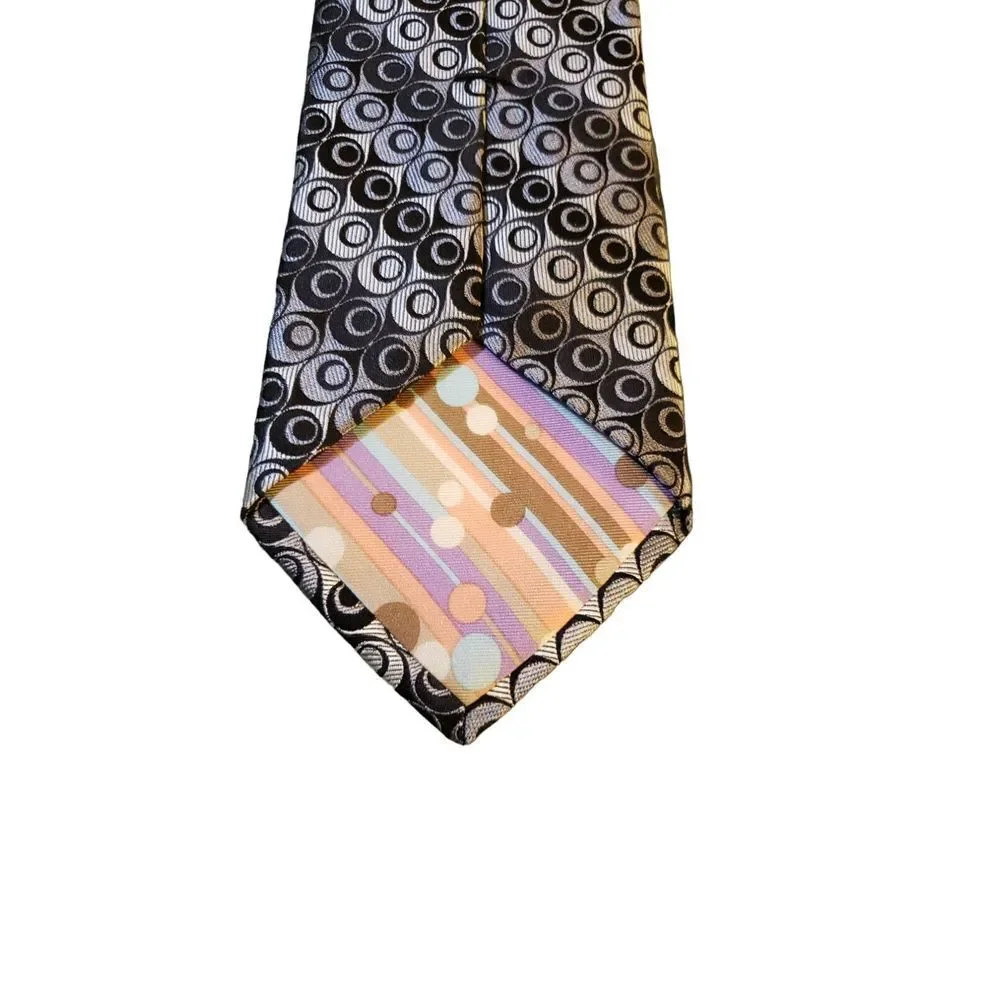 TED BAKER LONDON Mens Neck Tie 100% Silk EUC Black Gray Geometric Striped Design